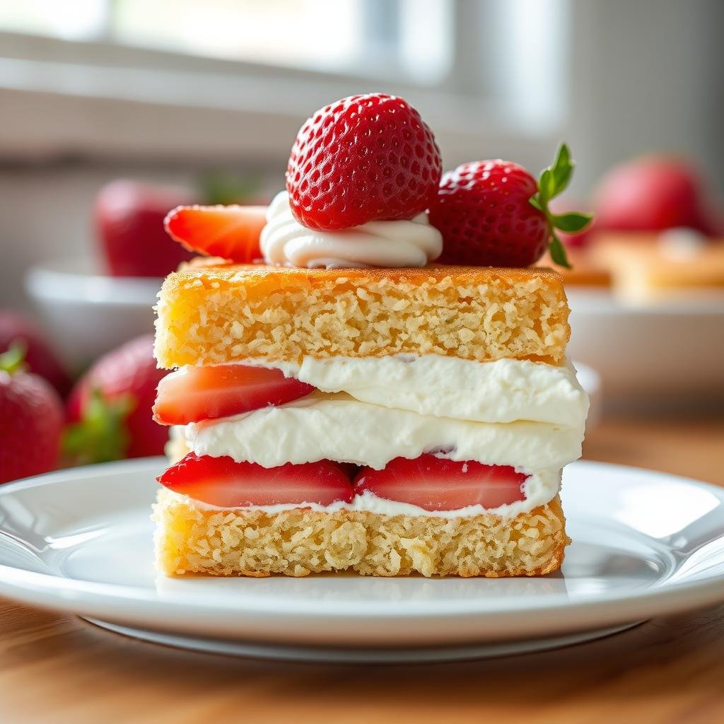 Close-up of strawberry shortcake with perfect layers of cake, cream and fresh strawberries