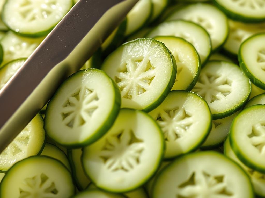 Close-up of thinly sliced cucumbers being prepared for easy cucumber salad