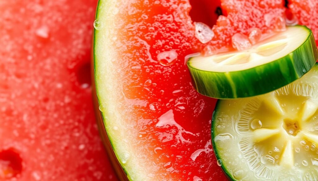 Close-up of watermelon and cucumber showing their juicy, hydrating textures