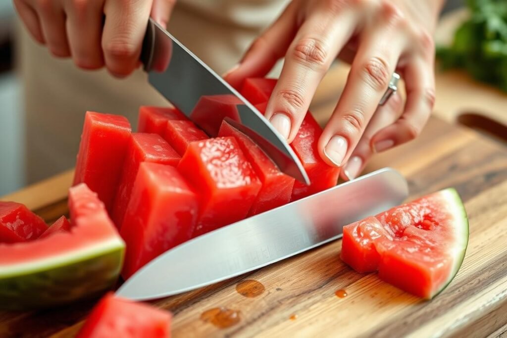 Close-up of watermelon being cut into cubes with a sharp knife on a cutting board