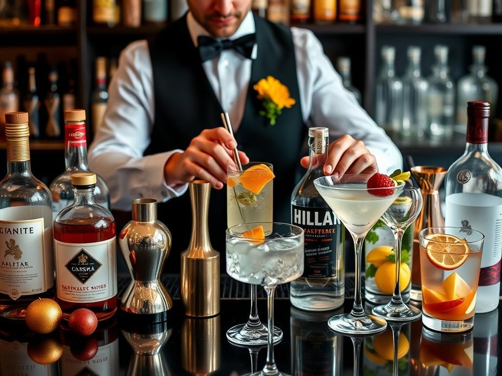 Cocktail masterclass setup for 30th birthday with various spirits, mixers, garnishes, and cocktail equipment