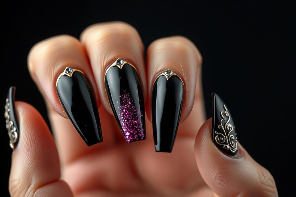 Coffin-shaped 21st birthday nails