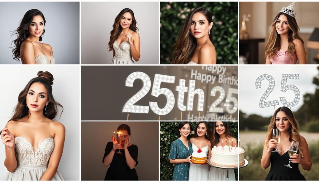Collage of beautiful 25th birthday photoshoot results showing various styles and themes Collage of beautiful 25th birthday photoshoot results showing various styles and themes