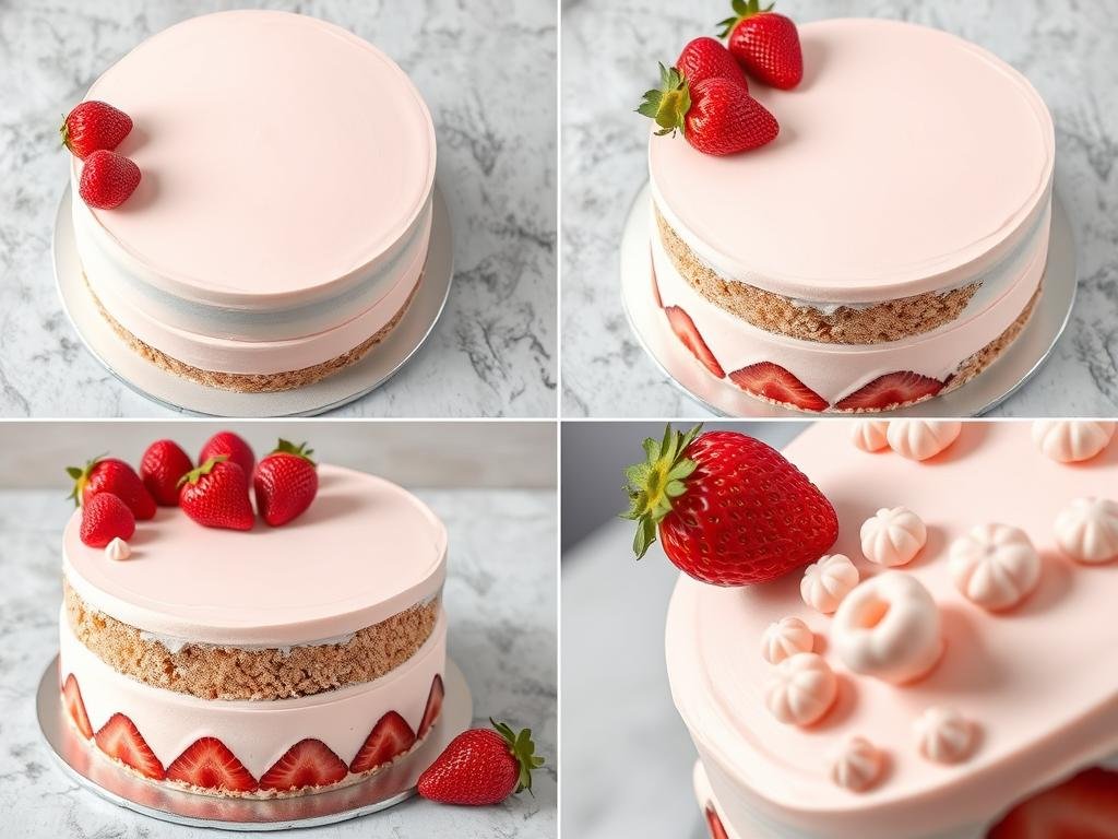 Collage of different photography angles of the same strawberry cake for Pinterest