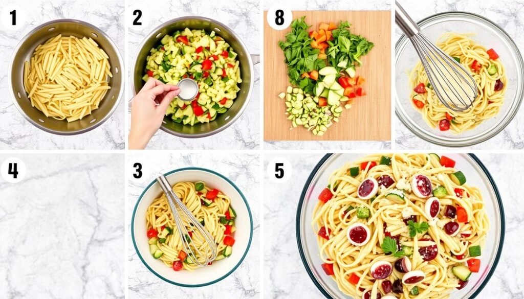 Collage of pasta salad preparation techniques including cooking pasta, chopping vegetables, and making dressing