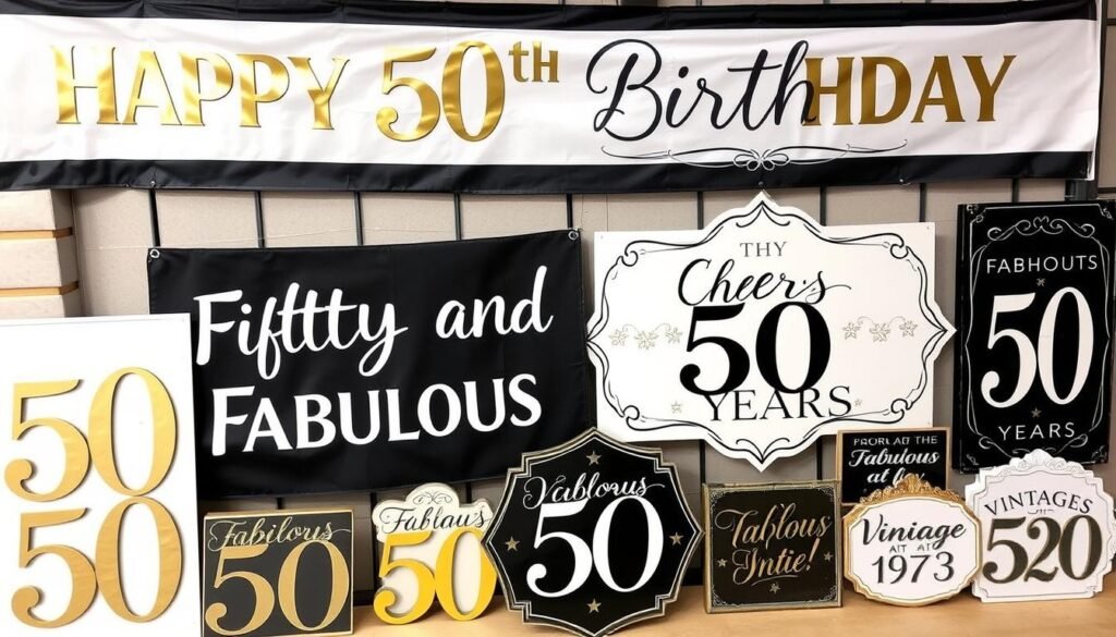 Collection of 50th birthday banners and signs including 'Fifty and Fabulous' and 'Cheers to 50 Years' Collection of 50th birthday banners and signs including 'Fifty and Fabulous' and 'Cheers to 50 Years'