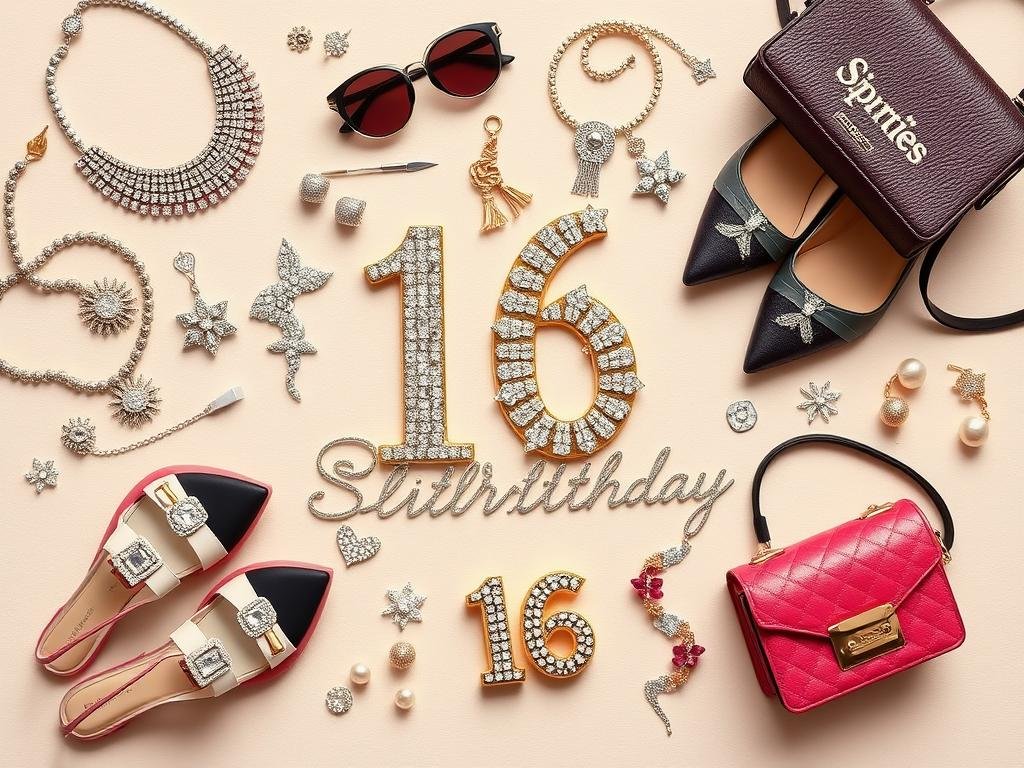 Collection of accessories for 16th birthday outfits including jewelry, shoes, and bags