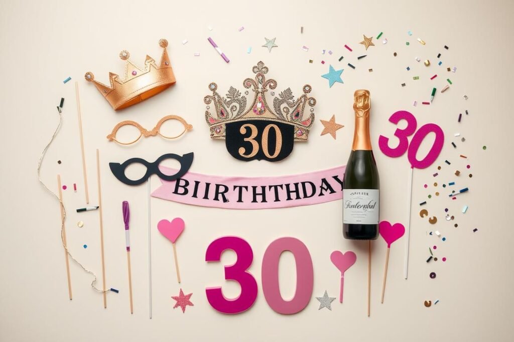 Collection of birthday photoshoot props including crown, sash, and champagne for 30th celebration Collection of birthday photoshoot props including crown, sash, and champagne for 30th celebration