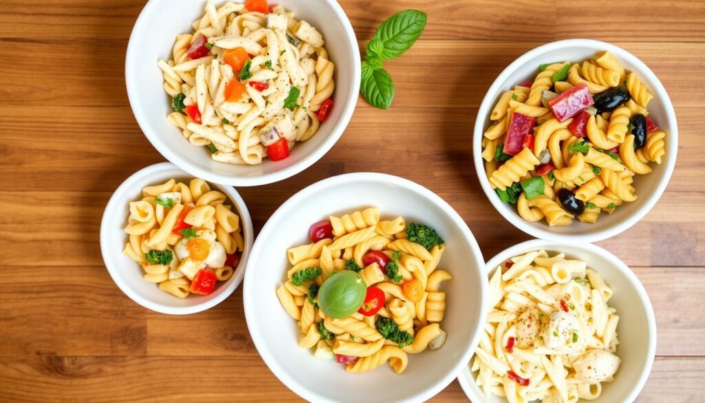 Collection of different pasta salad variations in small bowls