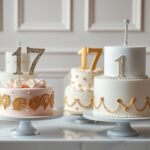 Collection of elegant 17th birthday cakes arranged in a stylish display