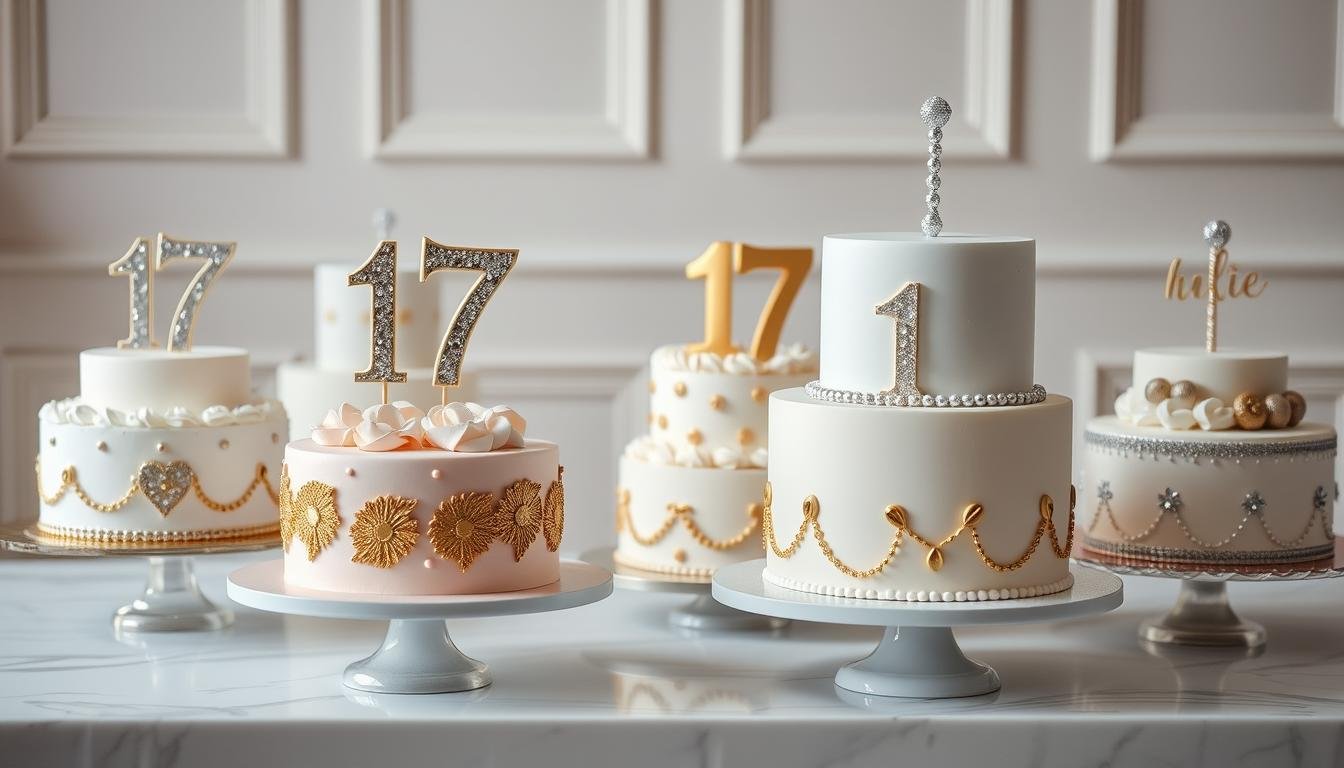 Collection of elegant 17th birthday cakes arranged in a stylish display