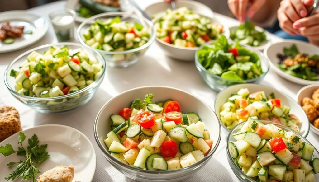 Collection of healthy cucumber salad variations in a beautiful table spread