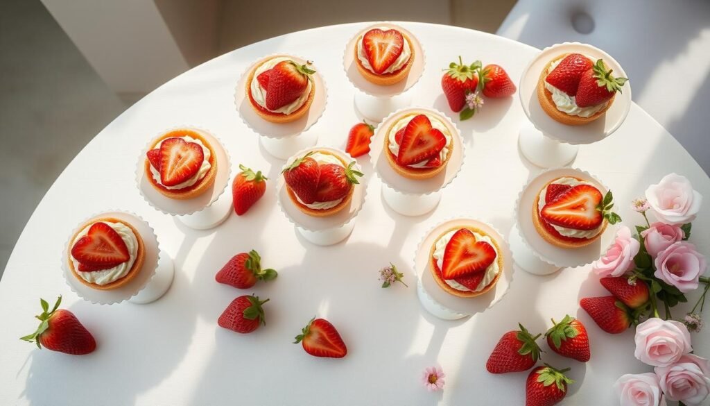 Collection of mini strawberry shortcake centerpieces on a decorated table