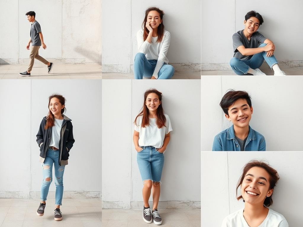 Collection of natural poses for 17th birthday photoshoot showing variety of options Collection of natural poses for 17th birthday photoshoot showing variety of options