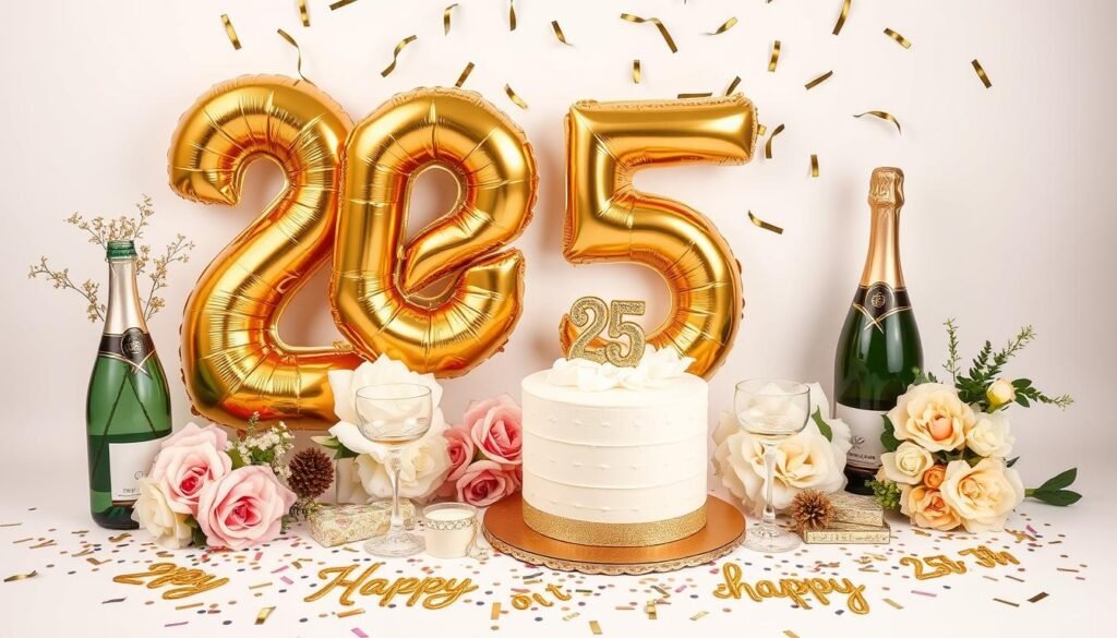 Collection of props for 25th birthday photoshoot including balloons, cake, and decorative items Collection of props for 25th birthday photoshoot including balloons, cake, and decorative items