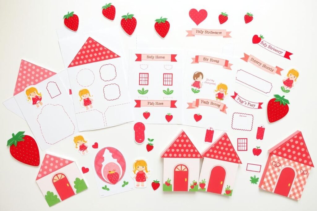 Collection of strawberry shortcake house printables including paper house template, character cutouts, and decorative elements