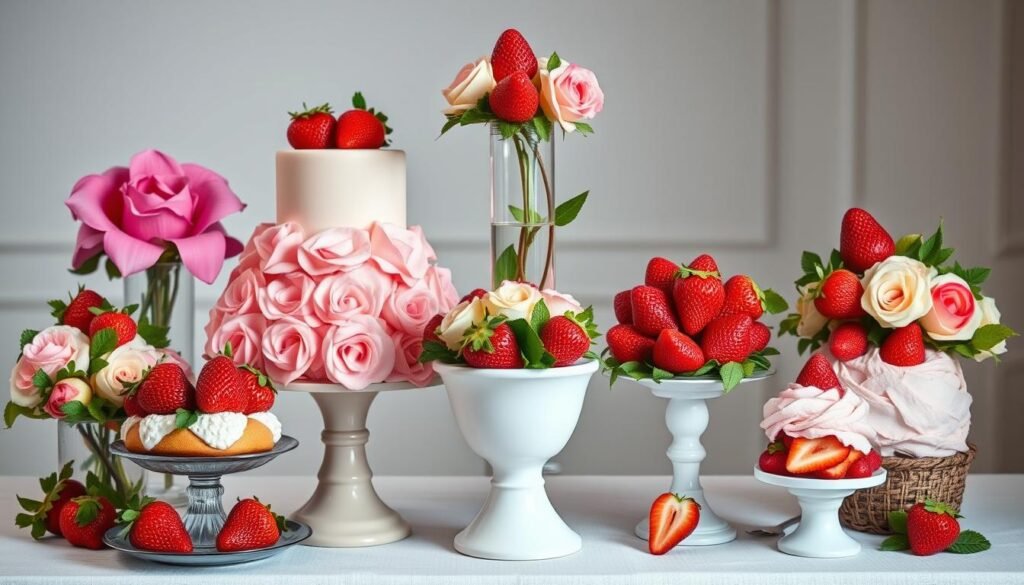 Collection of various strawberry shortcake centerpieces for different occasions showing versatility of the theme