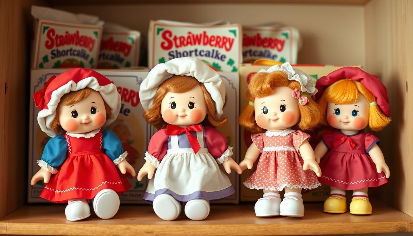 Collection of vintage Strawberry Shortcake dolls from the 1980s including Strawberry Shortcake, Blueberry Muffin, and Huckleberry Pie