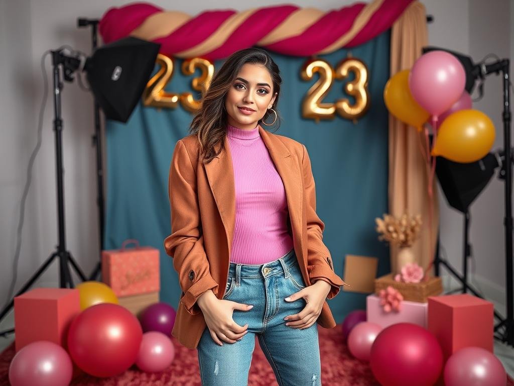 Color-coordinated outfit and backdrop for 23 birthday photoshoot
