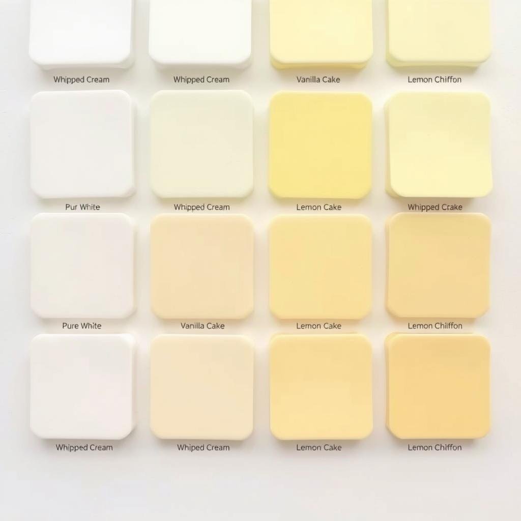 Color swatches of creamy whites and soft yellows for strawberry shortcake aesthetic