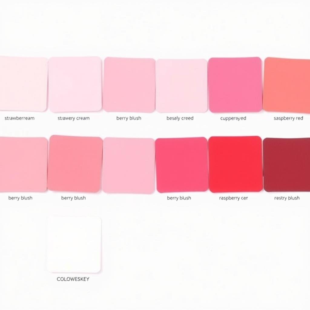 Color swatches of various strawberry pinks and reds for strawberry shortcake aesthetic