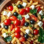 Vibrant Italian Pasta Salad Recipes for Summer Entertaining Colorful Italian pasta salad in a large wooden serving bowl with rotini pasta, cherry tomatoes, olives, mozzarella, and fresh herbs