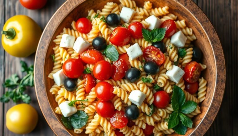Colorful Italian pasta salad in a large wooden serving bowl with rotini pasta, cherry tomatoes, olives, mozzarella, and fresh herbs