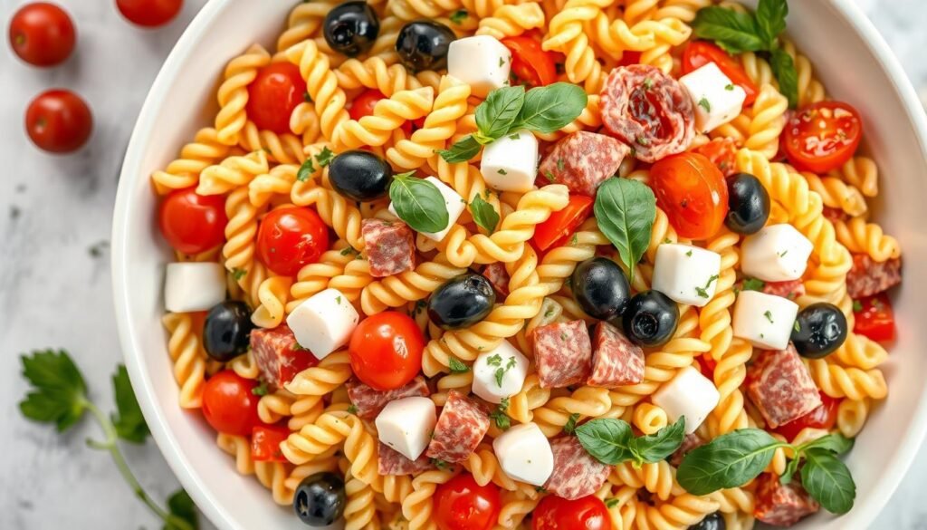 Colorful Italian pasta salad with rotini, vegetables, cheese and salami in a large serving bowl