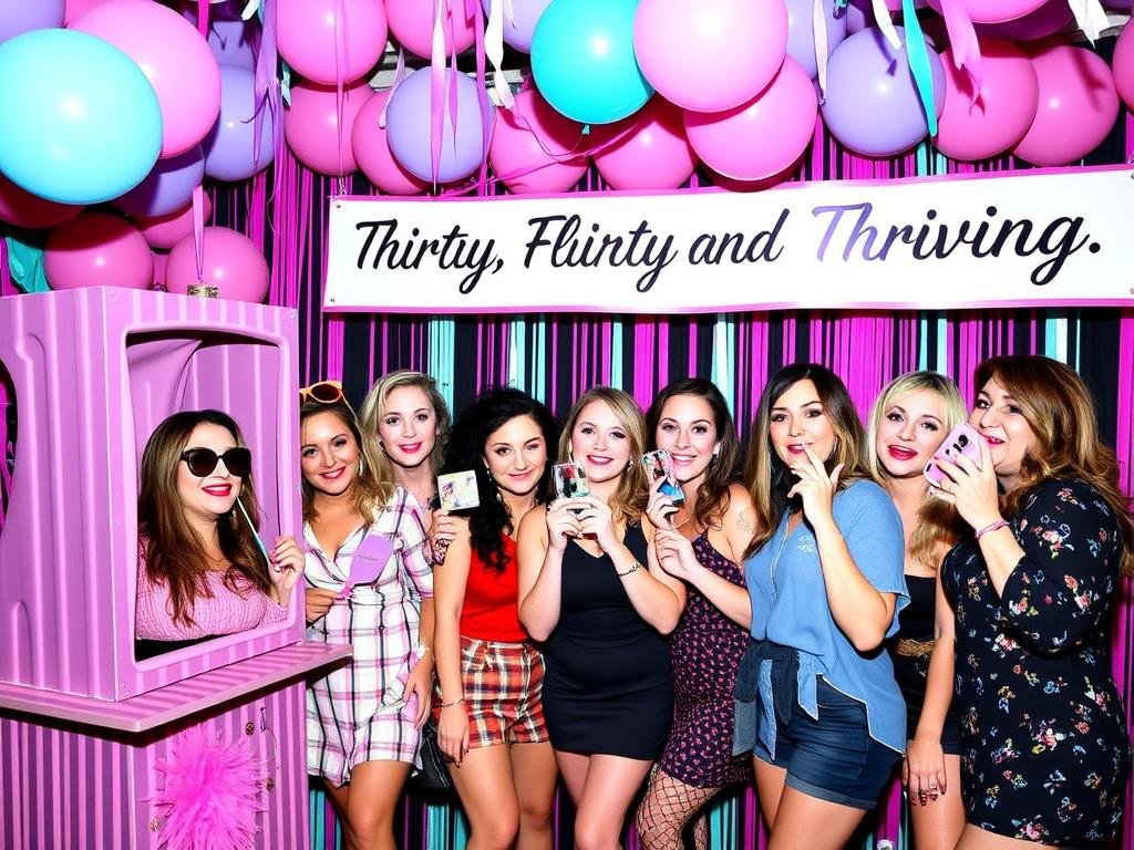Colorful 'Thirty, Flirty and Thriving' themed birthday party with 80s-inspired decorations and photo booth
