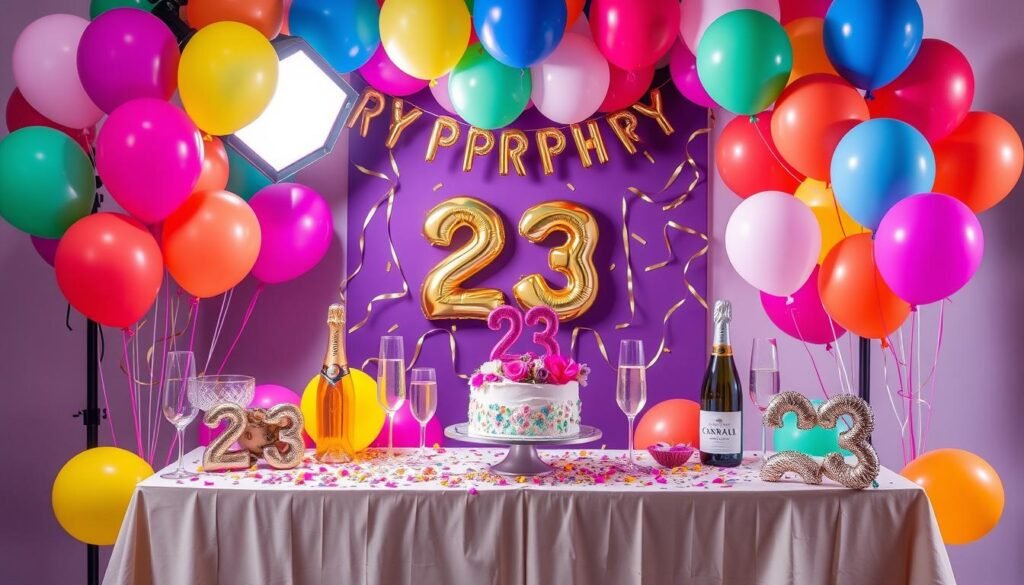Colorful balloon arrangement and props for a 23 birthday photoshoot