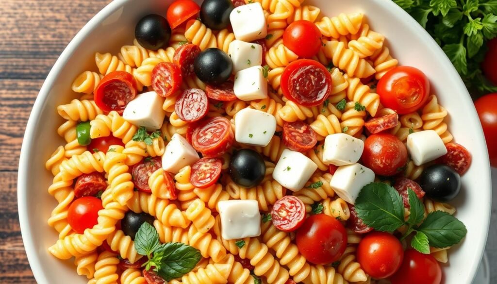 Colorful classic Italian pasta salad with rotini pasta, pepperoni, mozzarella, olives, and vegetables Colorful classic Italian pasta salad with rotini pasta, pepperoni, mozzarella, olives, and vegetables