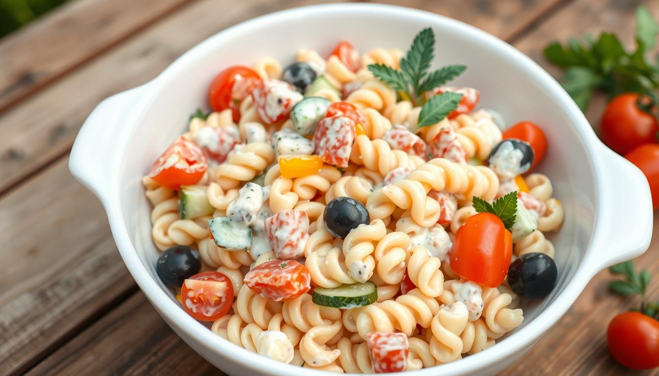 Colorful creamy pasta salad with vegetables in a large serving bowl