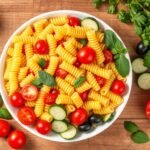 Colorful ingredients for easy cold pasta salad recipes laid out on a wooden table