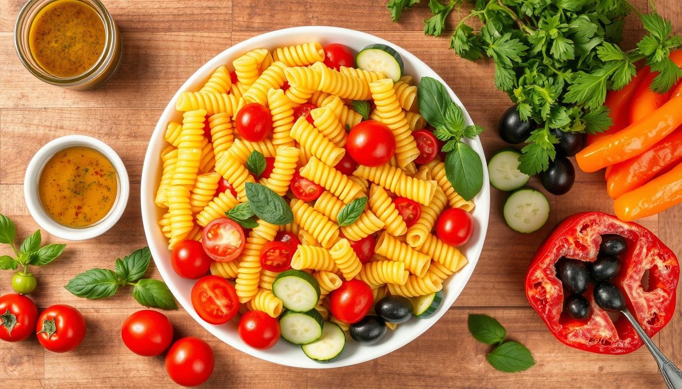Colorful ingredients for easy cold pasta salad recipes laid out on a wooden table