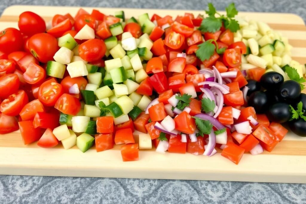 Colorful mix-ins for creamy pasta salad including vegetables and herbs