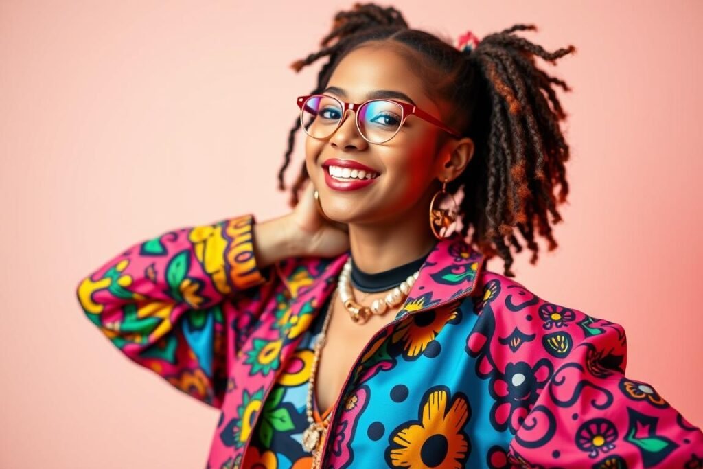 Colorful outfit for 19th birthday photoshoot with bright colors and patterns