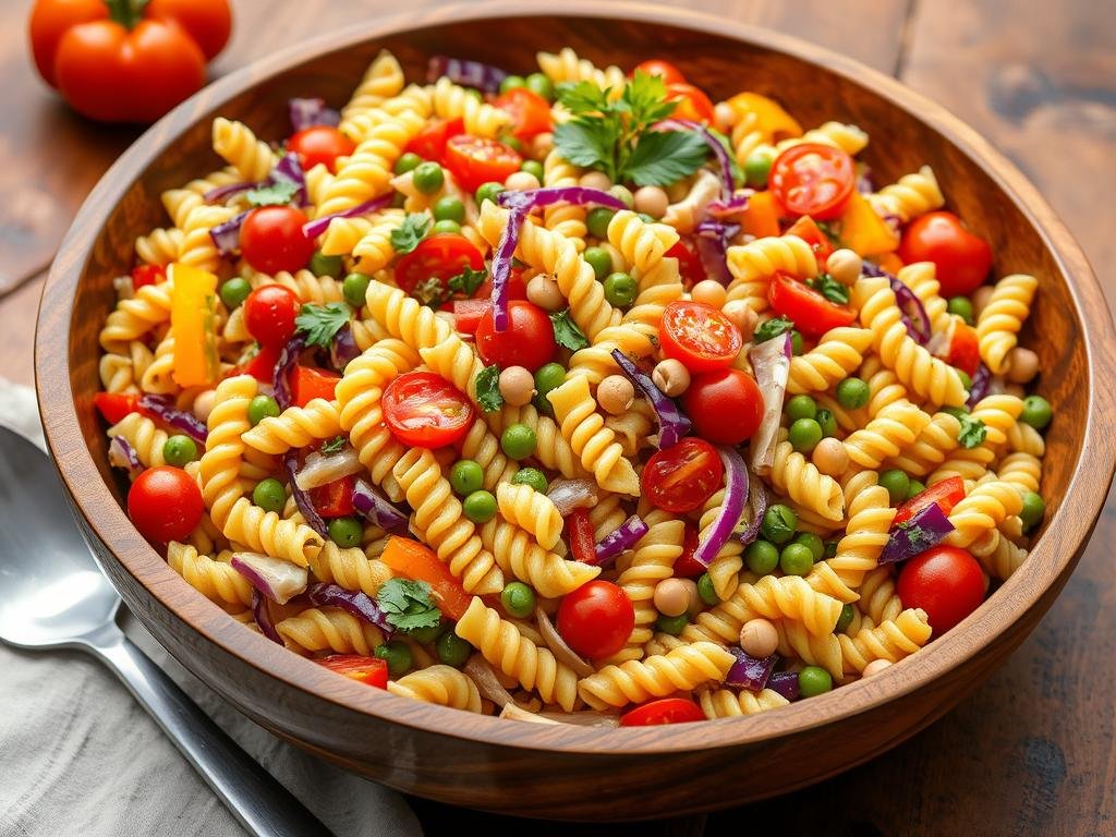 Colorful pasta salad with chickpeas, edamame, and vegetables in a large serving bowl