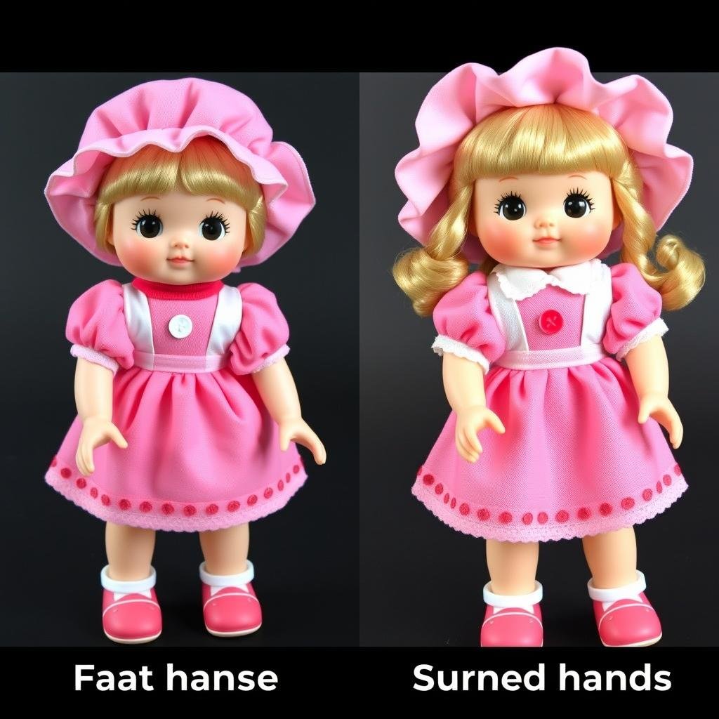 Comparison of first and second issue vintage Strawberry Shortcake dolls showing the hand design differences