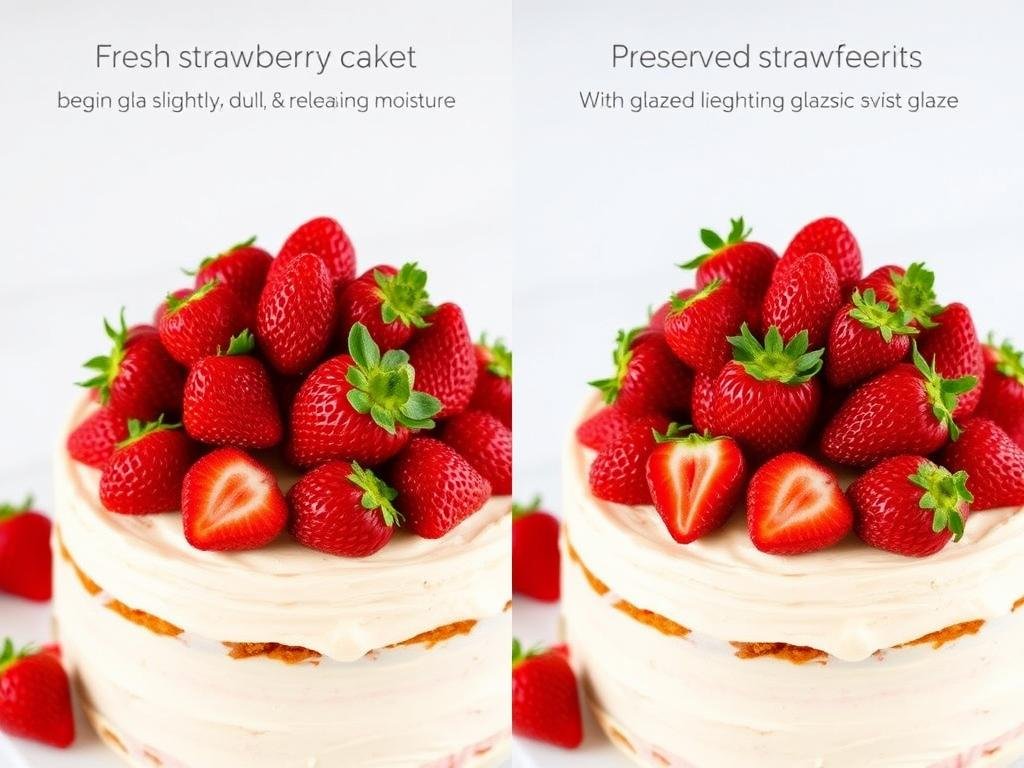 Comparison of fresh strawberry decorations vs those preserved with glaze