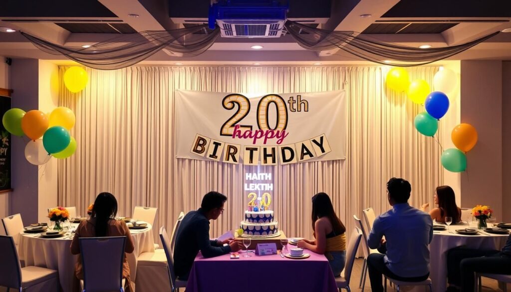 Complete 20th birthday celebration setup with banner as focal point Complete 20th birthday celebration setup with banner as focal point