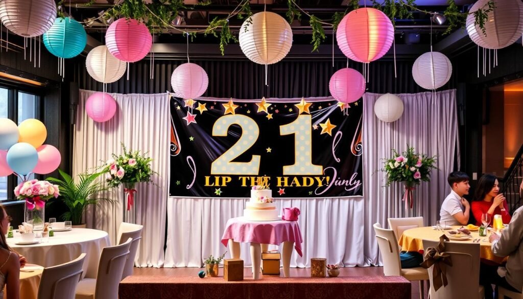 Complete 21st birthday party setup with banner as focal point
