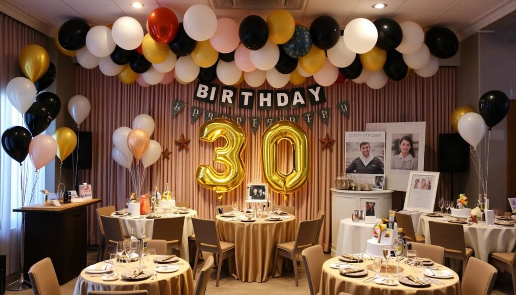 Complete 30th birthday party setup with various decoration elements creating a festive atmosphere Complete 30th birthday party setup with various decoration elements creating a festive atmosphere
