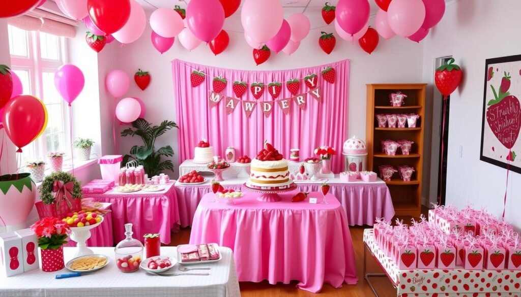 Complete strawberry shortcake party setup with decorations, food table, activity stations, and favor display