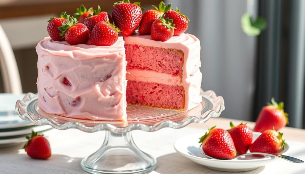 Completed homemade strawberry cake with a slice being taken out Completed homemade strawberry cake with a slice being taken out