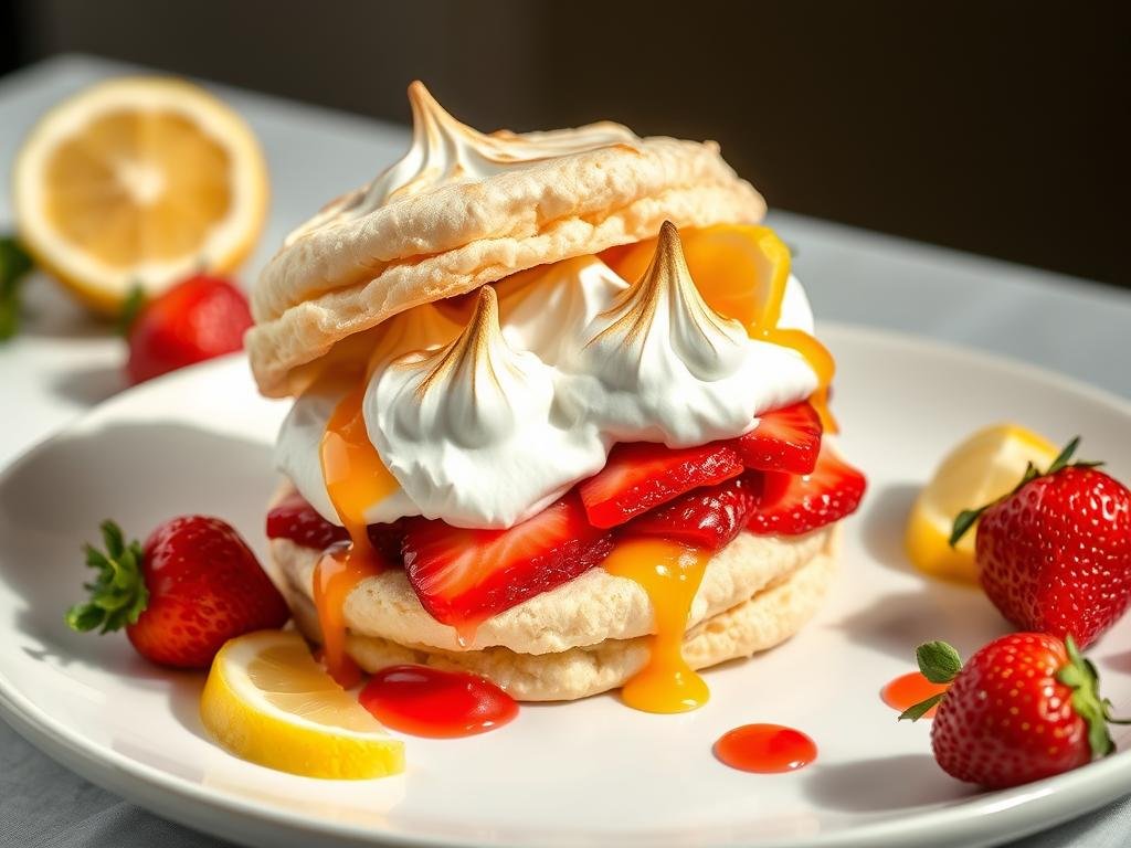 Completed lemon meringue strawberry shortcake with toasted meringue and a drizzle of strawberry juice