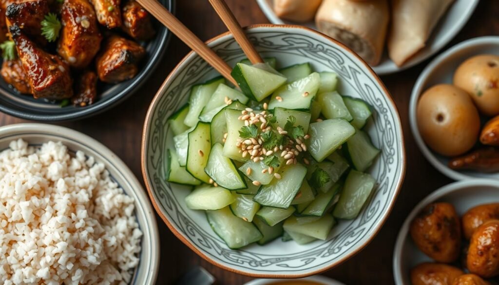 Completed smashed cucumber salad served in a bowl with Asian main dishes Completed smashed cucumber salad served in a bowl with Asian main dishes