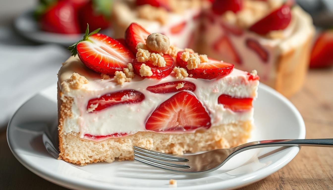 Completed strawberry shortcake cheesecake with layers of cake, cheesecake, and fresh strawberries topped with cookie crumble