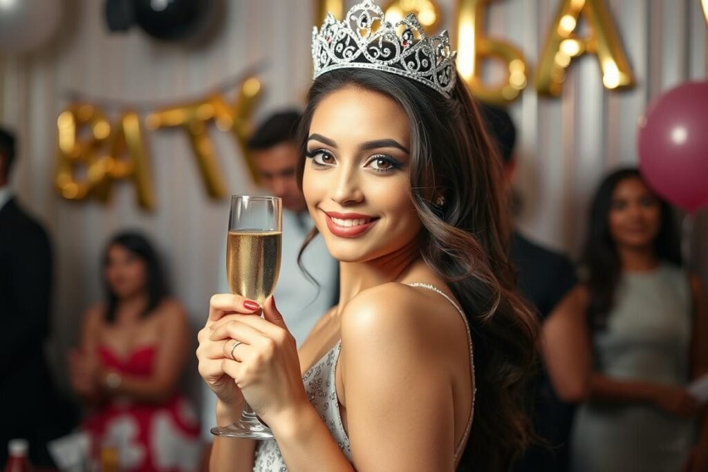 Confident person posing with birthday crown and champagne glass