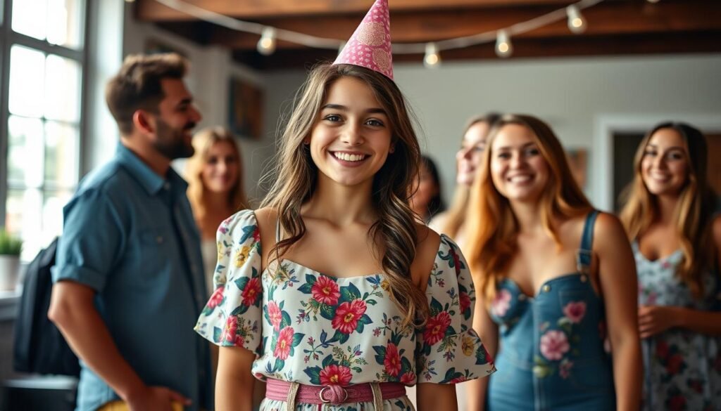 Confident teen celebrating 16th birthday in perfect outfit with friends