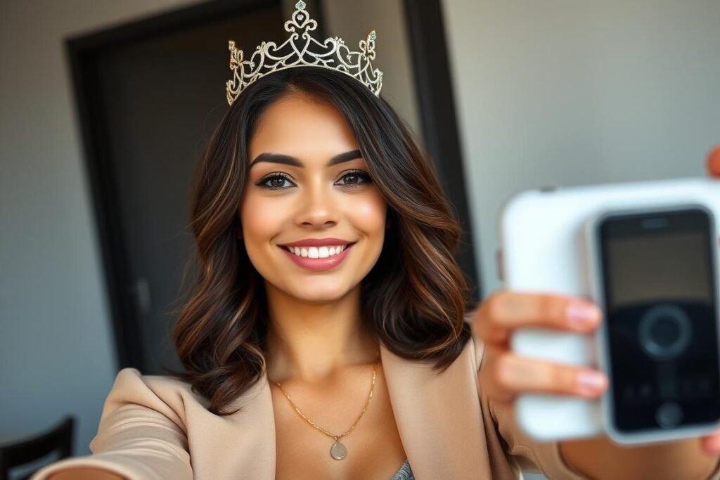 Confident young woman posing for a birthday selfie with a crown